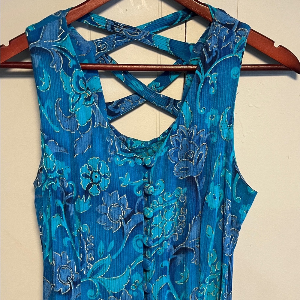 Vintage 90s Teal, Purple, Gold Criss-Cross Back Floral Summer Sundress Small